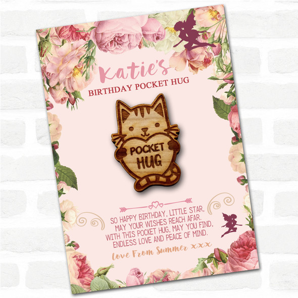 Cat Holding Love Heart Kid's Girls Birthday Fairy Personalised Gift Pocket Hug