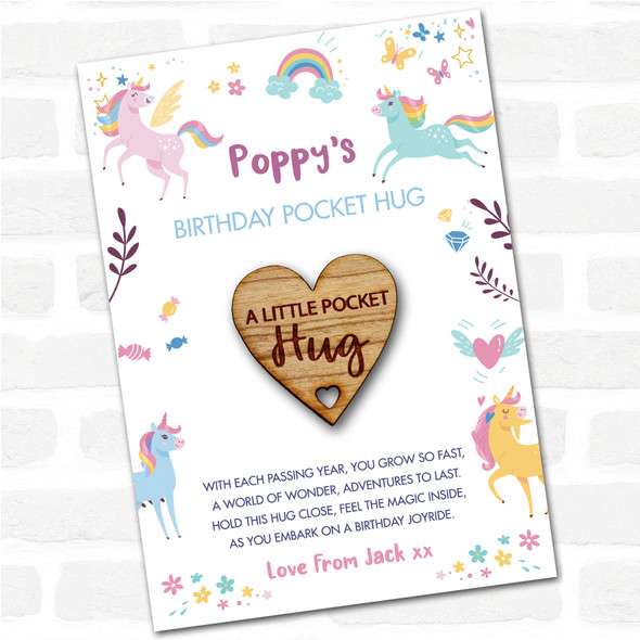 Hole Cut From Heart Kid's Girls Birthday Unicorn Personalised Gift Pocket Hug