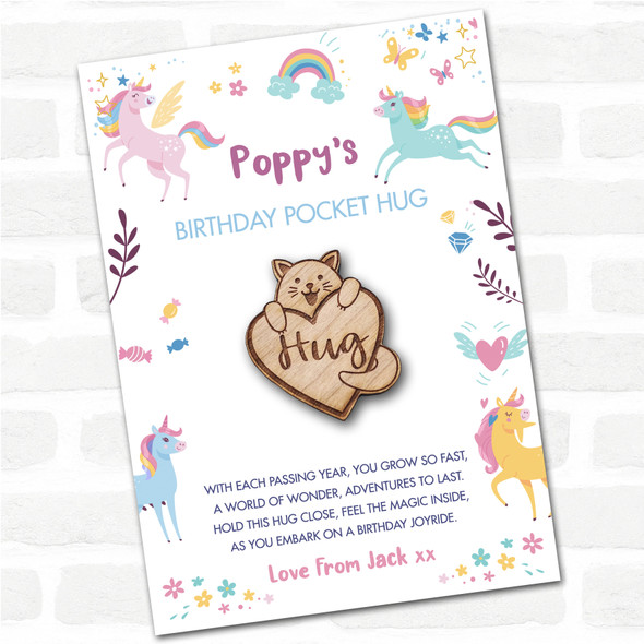 Smiling Cat Love Heart Kid's Girls Birthday Unicorn Personalised Gift Pocket Hug
