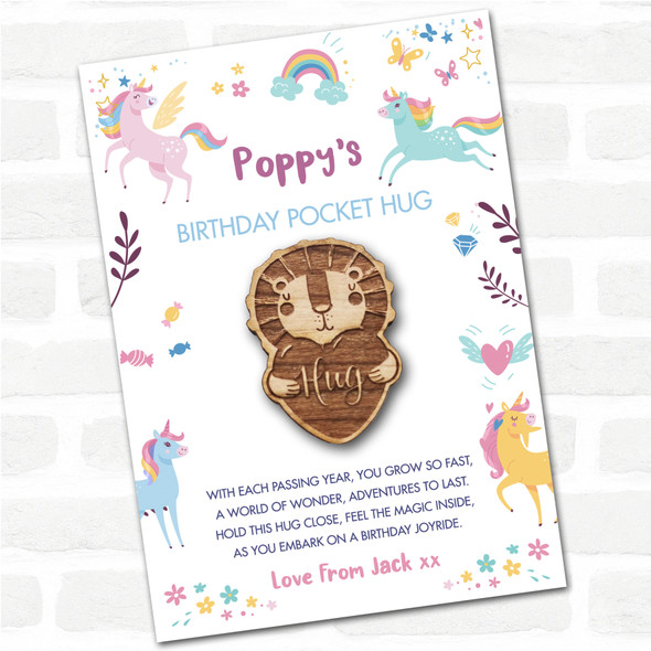 Lion And love Heart Kid's Girls Birthday Unicorn Personalised Gift Pocket Hug