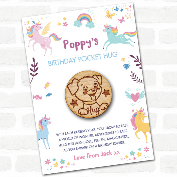 Cute Puppy Dog Kid's Girls Birthday Unicorn Personalised Gift Pocket Hug