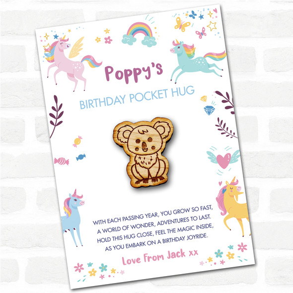 Cute Smiley Koala Kid's Girls Birthday Unicorn Personalised Gift Pocket Hug