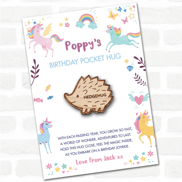 Cute Smiling Hedgehog Kid's Girls Birthday Unicorn Personalised Gift Pocket Hug