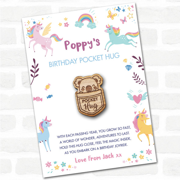 Koala In A Pocket Kid's Girls Birthday Unicorn Personalised Gift Pocket Hug