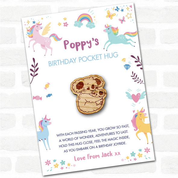 Parent Baby Koala Cuddling Kid's Birthday Unicorn Personalised Gift Pocket Hug