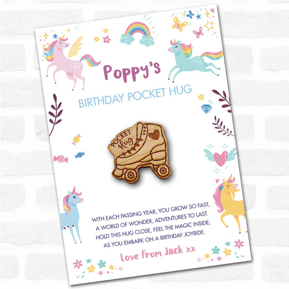 Roller Skates & Heart Kid's Girls Birthday Unicorn Personalised Gift Pocket Hug