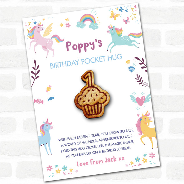 Cupcake 1 Candle Kid's Girls Birthday Unicorn Personalised Gift Pocket Hug