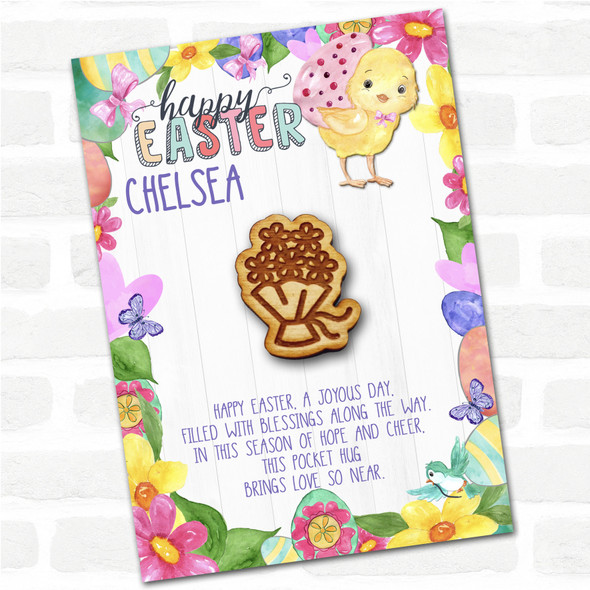 Bouquet Of Flowers & Ribbon Happy Easter Chick Personalised Gift Pocket Hug