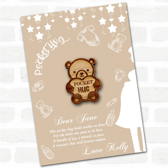 Teddy Bear Holding Heart Neutral Baby Shower Personalised Gift Pocket Hug