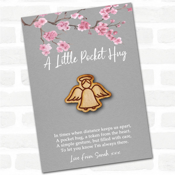 Angel Wings & Halo Grey Pink Blossom Personalised Gift Pocket Hug