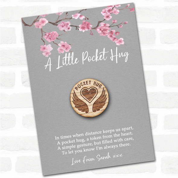 Angel Wings Round A Heart Grey Pink Blossom Personalised Gift Pocket Hug