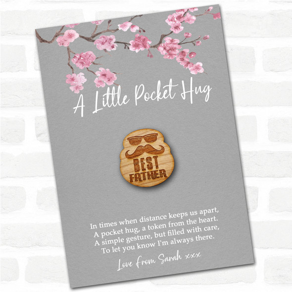 Best Father Moustache Grey Pink Blossom Personalised Gift Pocket Hug