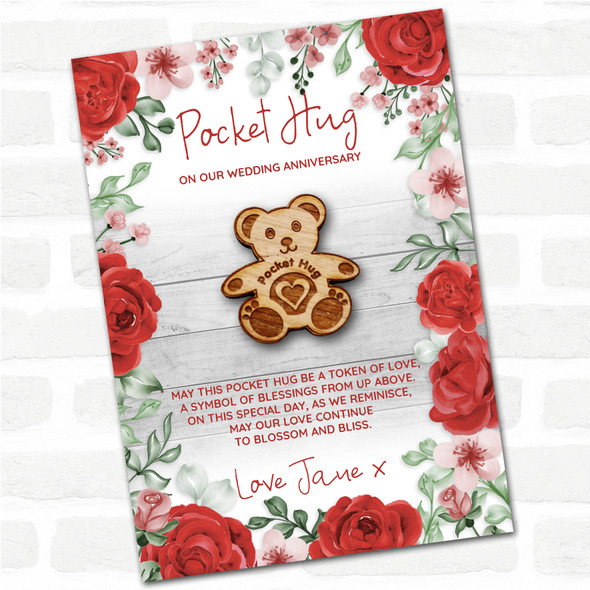 Teddy Bear Roses Wedding Anniversary Personalised Gift Pocket Hug