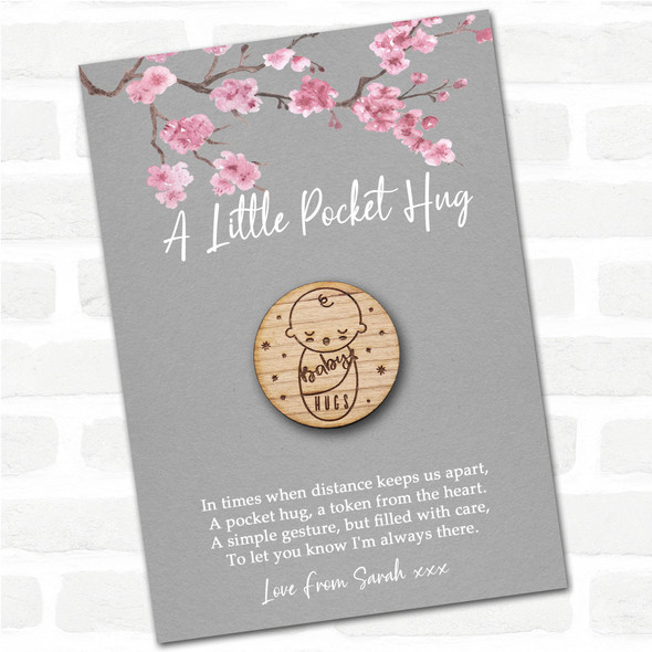 Sleeping Baby & Stars Grey Pink Blossom Personalised Gift Pocket Hug