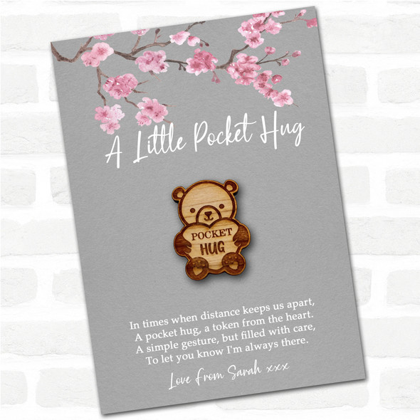 Teddy Bear Holding Heart Grey Pink Blossom Personalised Gift Pocket Hug