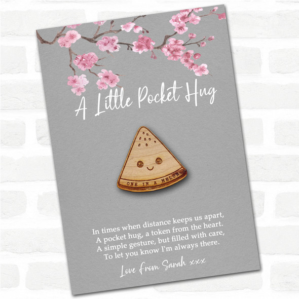 Smiley Watermelon Slice Grey Pink Blossom Personalised Gift Pocket Hug