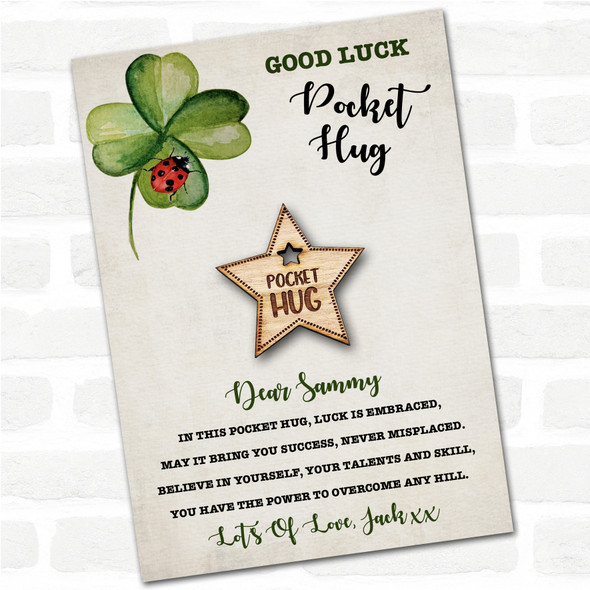 Star Hole Clover Ladybird Good Luck Personalised Gift Pocket Hug