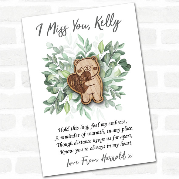 Teddy Bear Heart Green Leaves I Miss You Personalised Gift Pocket Hug