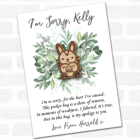 Bunny Rabbit Heart Leaves I'm Sorry Apology Personalised Gift Pocket Hug