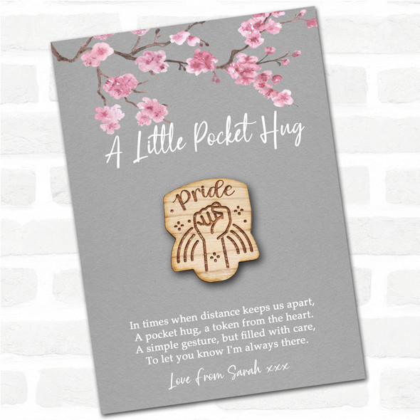 Pride Hand and Rainbow Grey Pink Blossom Personalised Gift Pocket Hug