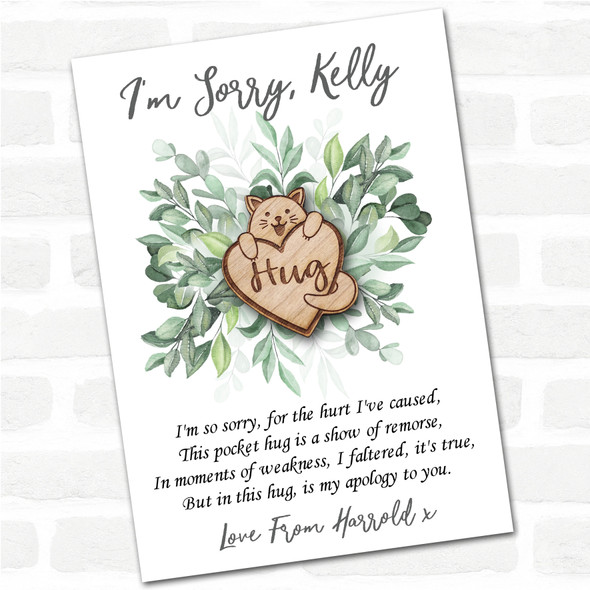 Smiling Cat Love Heart Leaves I'm Sorry Apology Personalised Gift Pocket Hug