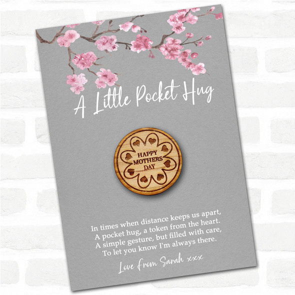 Heart Petals On Flower Grey Pink Blossom Personalised Gift Pocket Hug