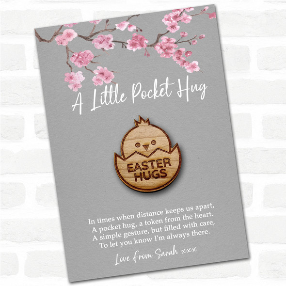 Round Chick In An Egg Grey Pink Blossom Personalised Gift Pocket Hug