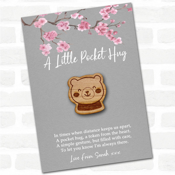 Teddy Bear Face Grey Pink Blossom Personalised Gift Pocket Hug