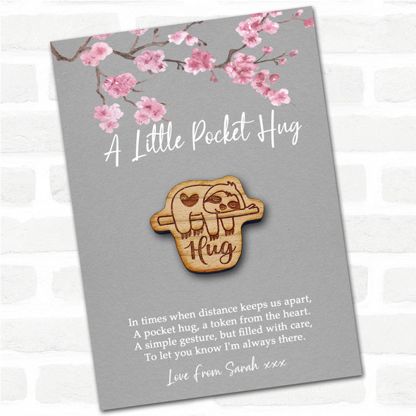 Sleepy Sloth Grey Pink Blossom Personalised Gift Pocket Hug