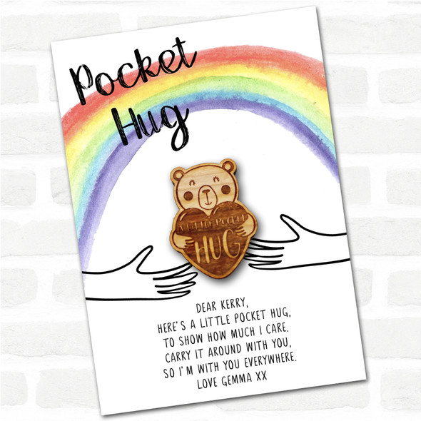 Love Heart Teddy Bear Rainbow Personalised Gift Pocket Hug