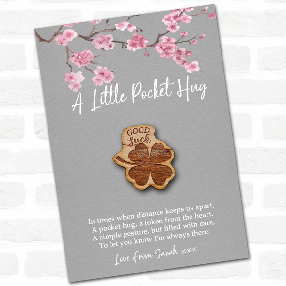 Four Leaf Clover Grey Pink Blossom Personalised Gift Pocket Hug