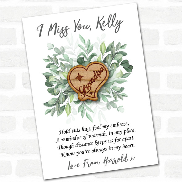 Grandpa Sparkles In a Heart Green Leaves I Miss You Personalised Gift Pocket Hug