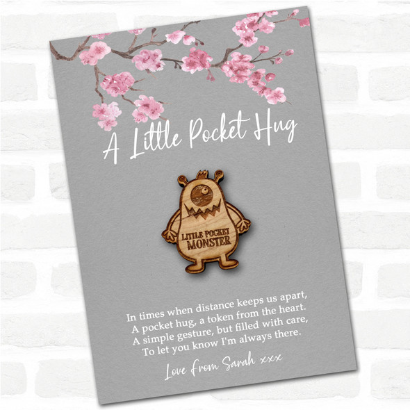 One Eyed Monster Antennas Grey Pink Blossom Personalised Gift Pocket Hug