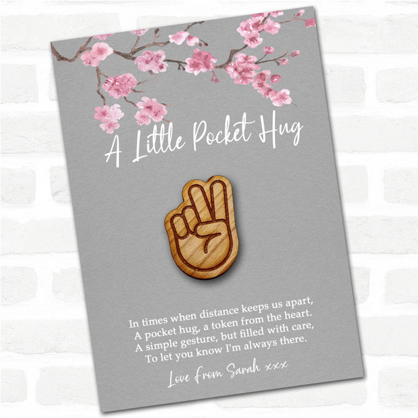 Peace Fingers Grey Pink Blossom Personalised Gift Pocket Hug