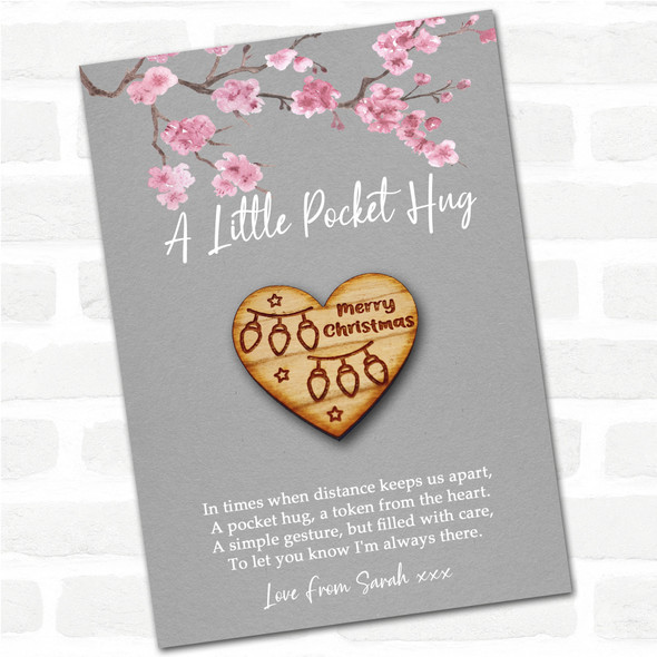 String Lights In A Heart Grey Pink Blossom Personalised Gift Pocket Hug