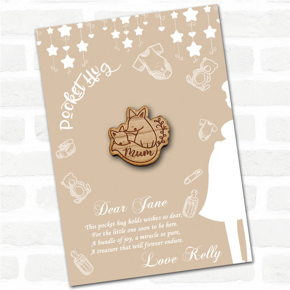 Fox Parent & Sleepy Cub Neutral Baby Shower Personalised Gift Pocket Hug