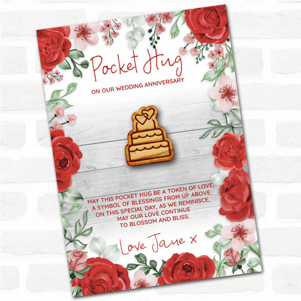 Wedding Cake & Hearts Roses Wedding Anniversary Personalised Gift Pocket Hug
