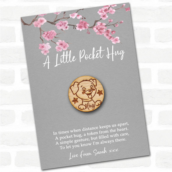 Cute Puppy Dog Grey Pink Blossom Personalised Gift Pocket Hug