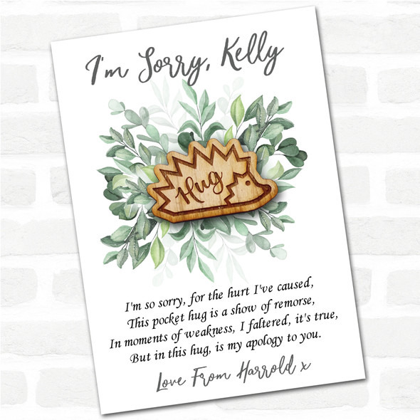 Hedgehog From Side Leaves I'm Sorry Apology Personalised Gift Pocket Hug