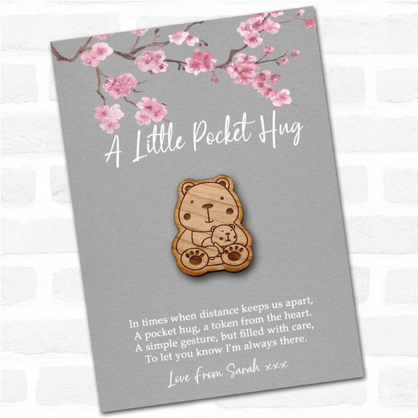 Parent & Baby Bear Grey Pink Blossom Personalised Gift Pocket Hug