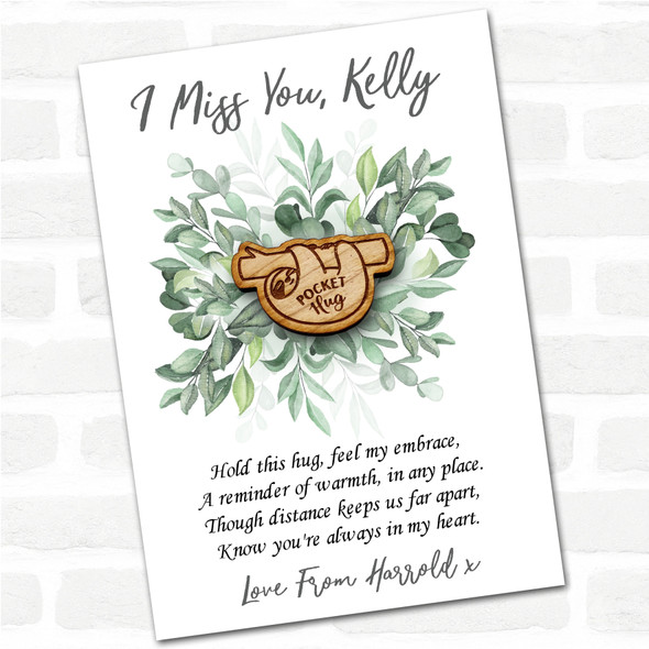 Sleeping Sloth Hanging Green Leaves I Miss You Personalised Gift Pocket Hug