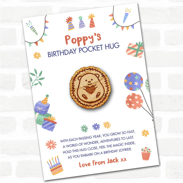 Hedgehog Hugging Heart Kid's Birthday Hats Cakes Personalised Gift Pocket Hug