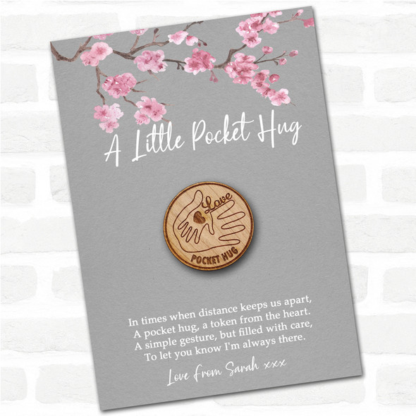 Hand In Hand Grey Pink Blossom Personalised Gift Pocket Hug