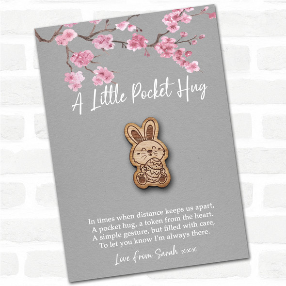 Cute Bunny Holding An Egg Grey Pink Blossom Personalised Gift Pocket Hug