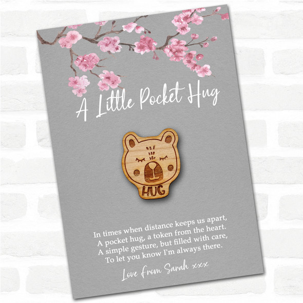Sleepy Bear Grey Pink Blossom Personalised Gift Pocket Hug