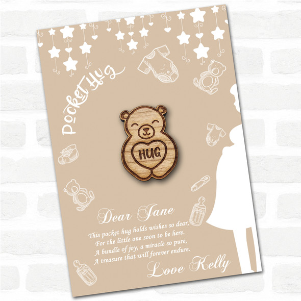 Smiling Cute Bear Neutral Baby Shower Personalised Gift Pocket Hug