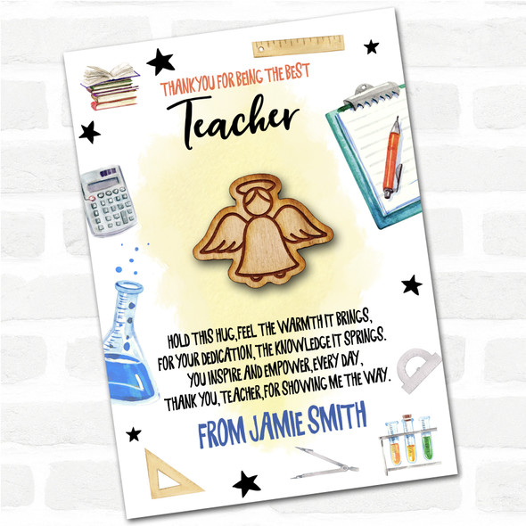 Angel Wings & Halo Yellow Thank You Teacher Personalised Gift Pocket Hug