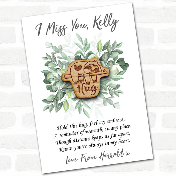 Sleepy Sloth Green Leaves I Miss You Personalised Gift Pocket Hug