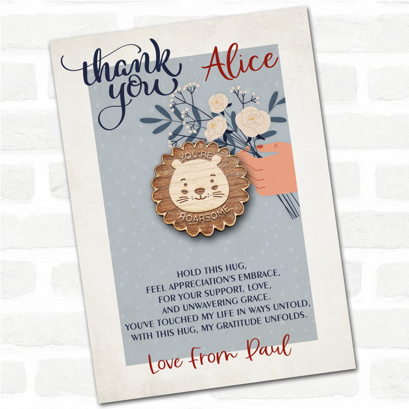 Cute Lion Blue Flowers Thank You Personalised Gift Pocket Hug