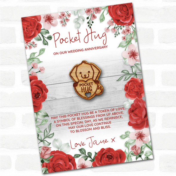 Puppy Dog Heart Roses Wedding Anniversary Personalised Gift Pocket Hug